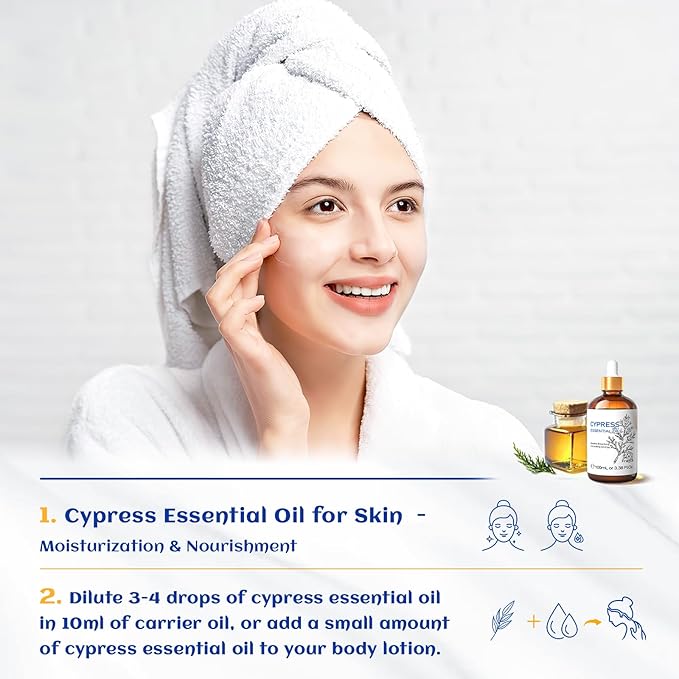 HIQILI 100ML Cypress Essential Oil, 100% Natural for Diffuser, Skin Care, Includes 10ML Travel Bottle - 3.38 Fl Oz-BrightBean Baby