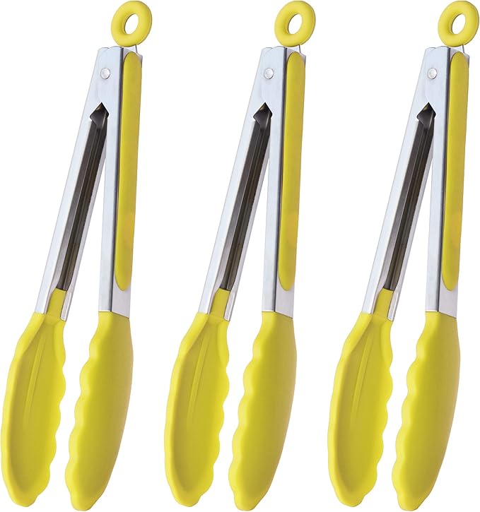 Silicone Tipped Tongs 9-Inch Kitchen Cooking Tongs, Set of 3 (Yellow)