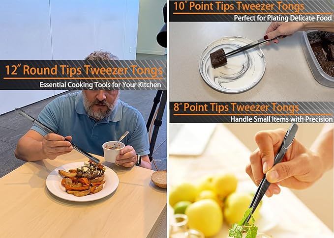 JETKONG 3 Pcs Kitchen Tweezers Tongs, Stainless Steel Cooking Tweezers, 8+10+12 Inch Ideal for meat, pasta, plating and pinching delicate small pieces of food (Black)