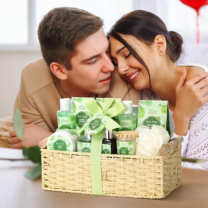 Spa Gift Basket - Tea Tree Bath Set With Shower Gel, Bubble Bath, Hand Cream, Soap, Salt, Essential Oil - Luxury Body Gift Kit for Women-BrightBean Baby