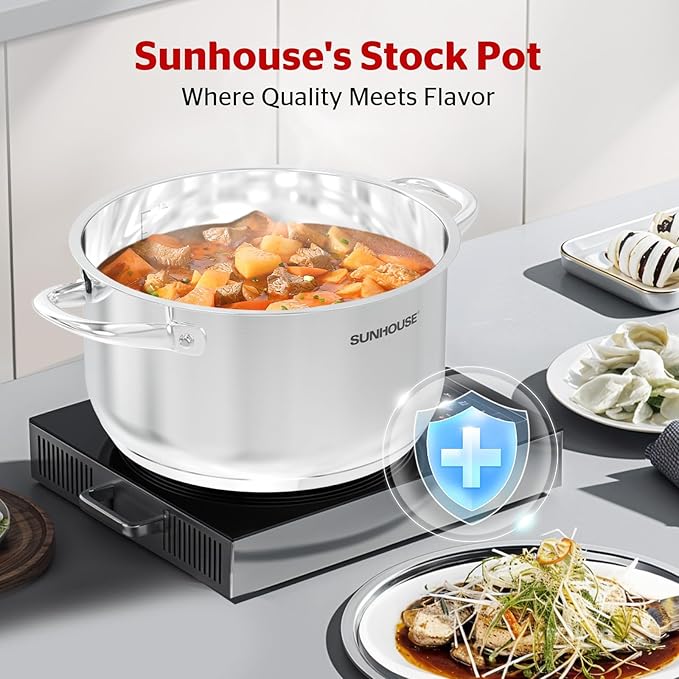 SUNHOUSE Stainless Steel Stock Pot 11 Quart with Lid - Premium Large Capacity Pot