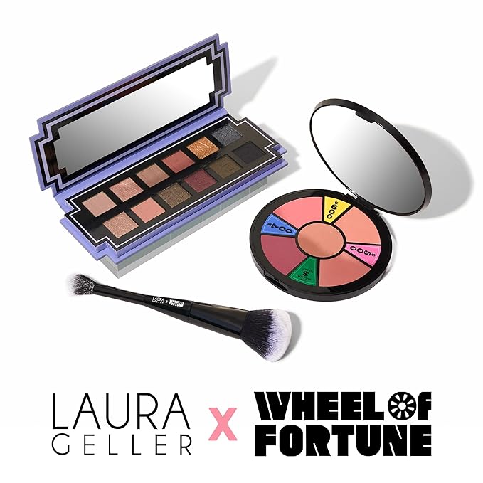 LAURA GELLER NEW YORK Wheel fo Fortune Eye and Cheek Palette Kit - Prizewinnig Eyes Eyeshadow Palette + Face the Day Blush Palette + Dual-Ended Brush-BrightBean Baby