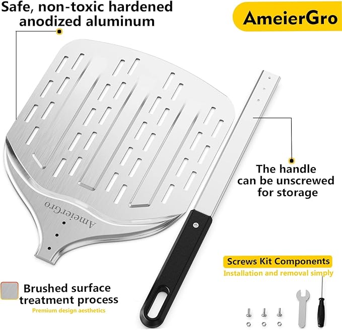 12" Perforated Pizza Peel, Long Handle(31") Anodised Aluminum Pizza Spatula Paddle, Pizza Oven Accessories for Pizza Stone/Grill