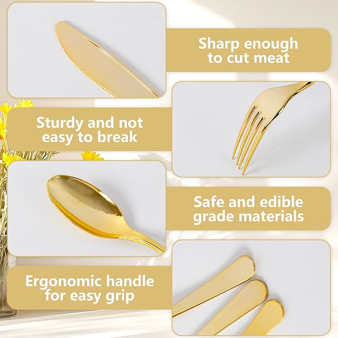 150 PCS Gold Plastic Silverware - Gold Plastic Flatware Disposable - Heavy Duty Disposable Utensils Sets Includes 50 Forks, 50 Spoons, 50 Knives for Thanksgiving Party Wedding