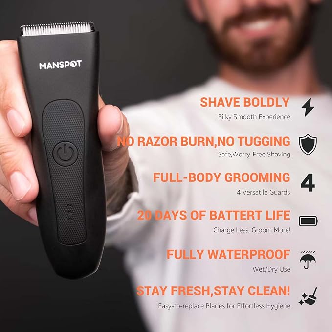 MANSPOT Manscape Groin & Body Hair Trimmer for Men, Electric Ball Pubic Trimmer Shaver,Manscape Kit with 4 Guard,Replaceable Ceramic Blade Heads,Waterproof Wet/Dry Shaver,90 Minutes Shaving-BrightBean Baby