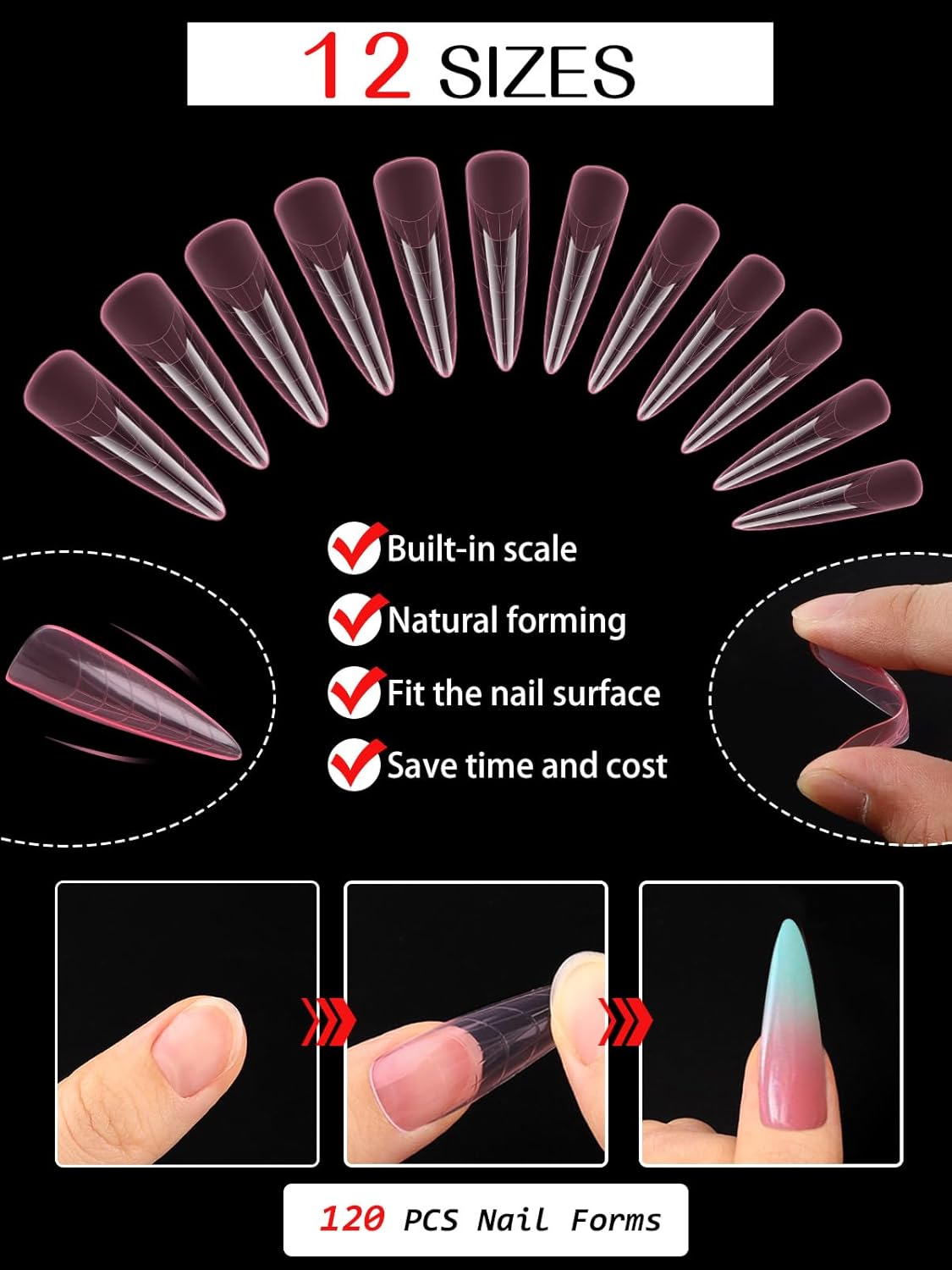 EBANKU Dual Nail Forms for Poly Extension Gel, 120 PCS Pink Nail Molds 12 Sizes Nail Extension Forms for Builder Gel Manicure Design Salon DIY-BrightBean Baby