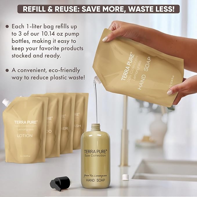 Terra Pure Spa Collection 1 Liter Hand Wash Refill Bag For Soap Dispensers | Bulk Toiletries for Vacation Rentals, and Home Bathroom Showers | Green Tea Lemongrass | Single-BrightBean Baby