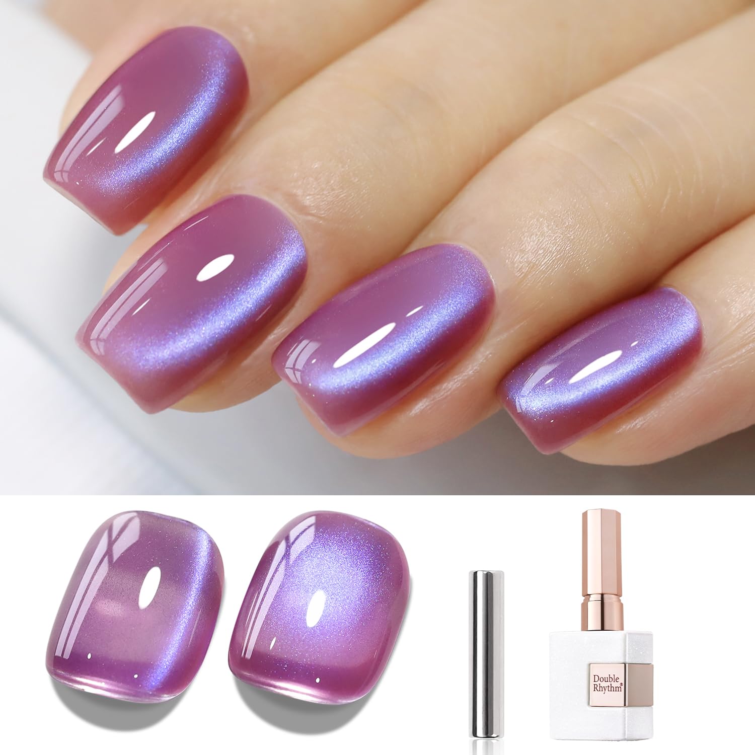 Double Rhythm 15ML Ice Glass Cat Eye Gel Polish with Magnet Holographic Glitter Shimmer Translucent Sheer Color Salon Soak Off Magnetic Nail at Home (Rose Violet-MC1131)-BrightBean Baby