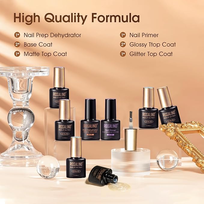 ROSALIND 8 PCS Nail Prep Dehydrator and Primer with Base Coat Top Coat, Glossy Glitter Matte Top Coat for Acrylic Gel Nail Polish Nail Art Supplies Gift-BrightBean Baby