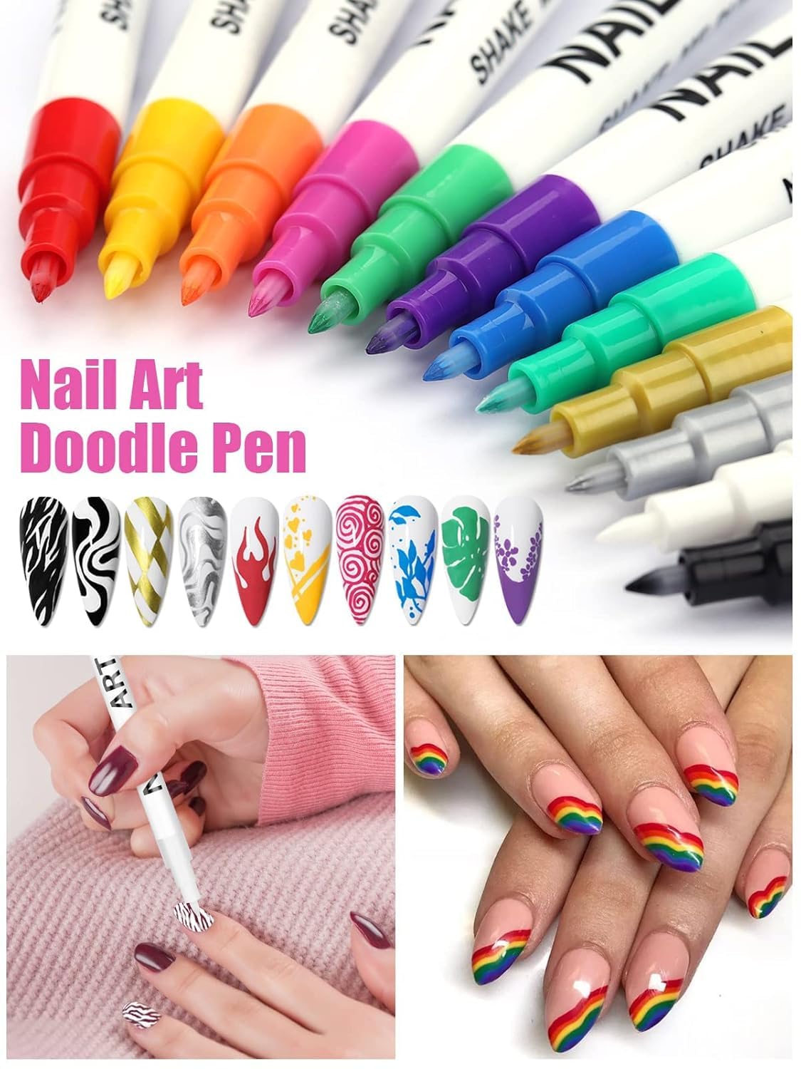 12 Color 3D Nail Art Pens Set, Kalolary Nail Pens Nail Point Graffiti Dotting Pen Drawing Painting Liner Brush for DIY Nail Art Beauty Adorn Manicure Tools-BrightBean Baby