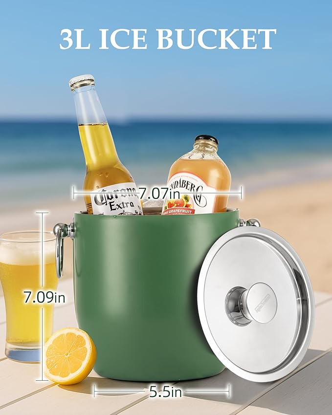 Insulated Ice Bucket, 3L Double Wall Stainless Steel Ice Bucket with Tongs,Lid, Scoop and Strainer, Ice Buckets for Parties,Cocktail Bars, Chilling Beer, Champagne, Wine Bottles，Green