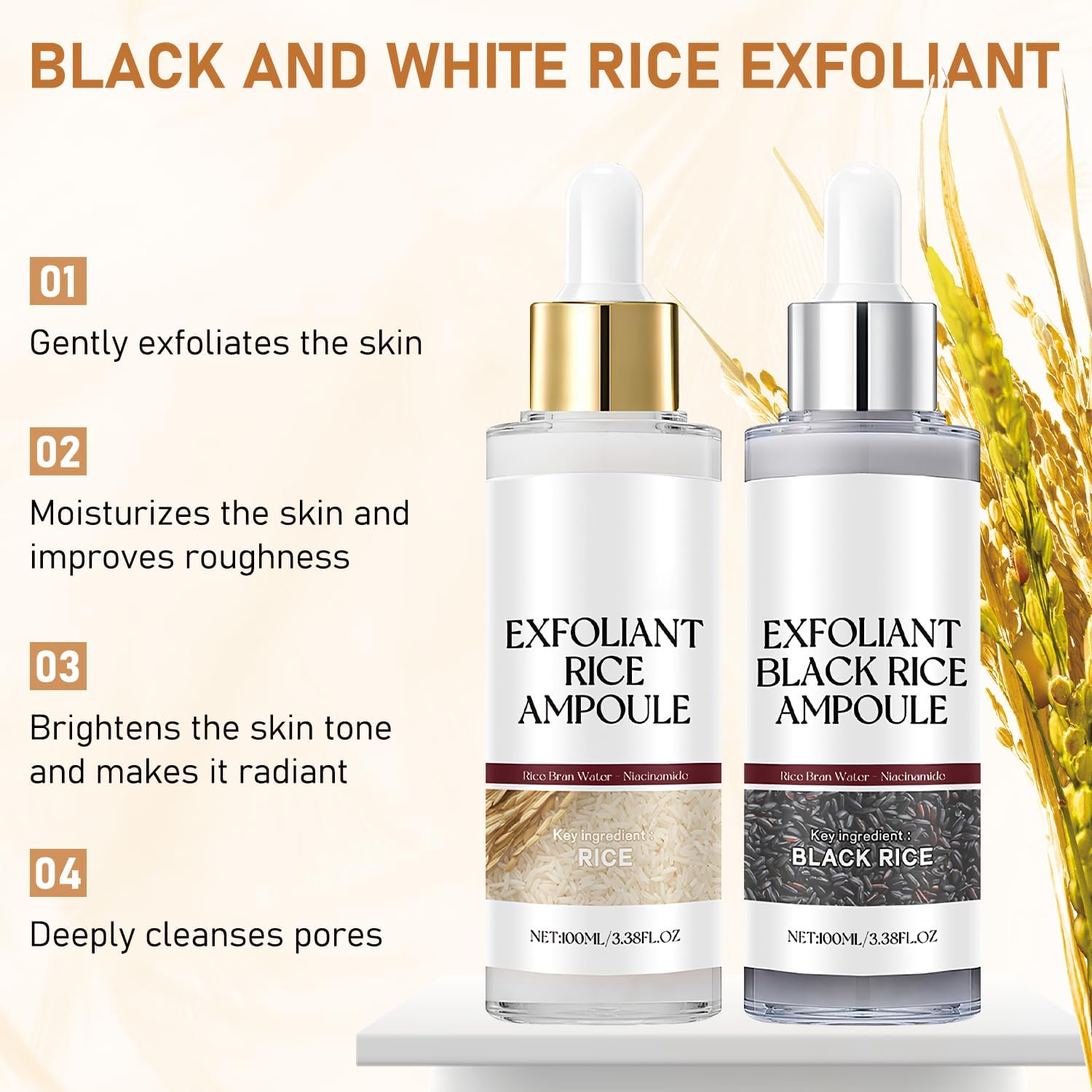 Rice Exfoliant Ampoule Duo, Black and White Face Peeling Solution, Moisturizing Pore Minimizer, 2-Pack, 100ml-BrightBean Baby