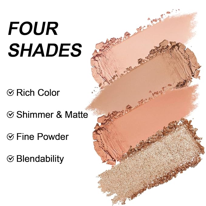 Erinde 4 Colors Eyeshadow Palette Eye Shadow Makeup, Matte Shimmer Metallic Off-white Light brown Peach Bronze Nude Neutral Eyeshadow, Long Wearing, Pigmented Blendable, Quad Eye Shadow Palette, 06-BrightBean Baby
