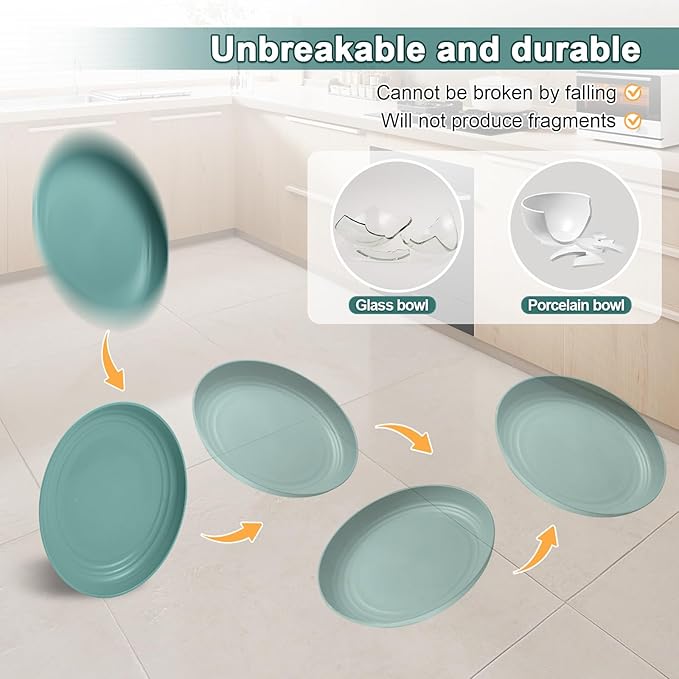 12 Pcs Unbreakable Deep Dessert Plates Set, 8 inch Reusable Plastic Wheat Straw Plates, Microwave and Dishwasher Safe Plate for Kitchen, Lightweight Plate for Dessert, BPA Free, Dark Blue