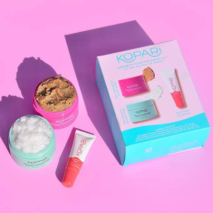 Kopari Forever Faves Bundle | Mini Organic Coconut Melt, Exfoliating Mini Coconut Crush Scrub, Clear Moisturizing Lip Glossy | Body and Lip Kit to Soothe and Hydrate Dry Skin | Cruelty Free, Vegan-BrightBean Baby
