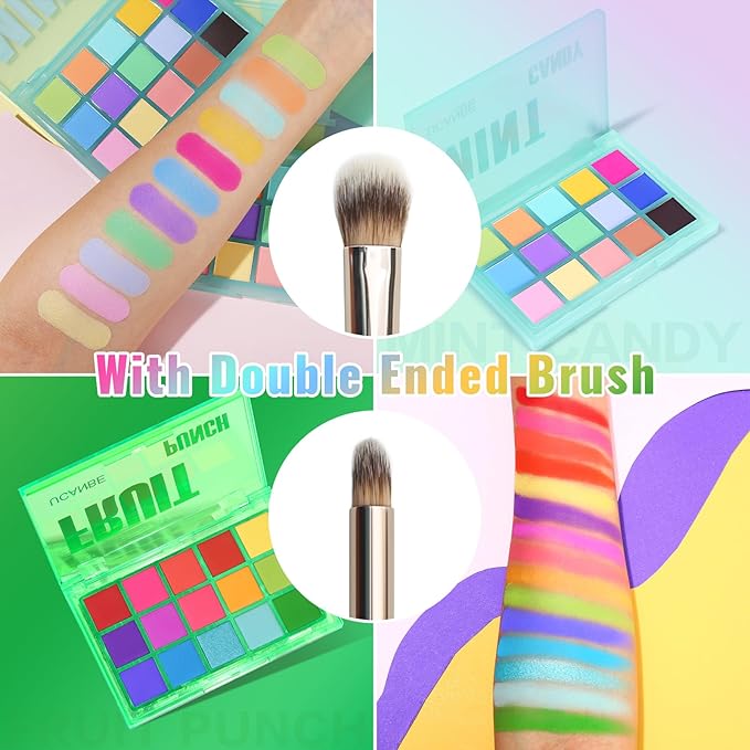 UCANBE Colorful Eyeshadow Palette Makeup Set, 2pcs 15 Shades Matte Shimmer Vibrant Neon Rainbow Pastel Eye Shadow Pallet with Soft Double Ended Brush, Summer Vibe Pigmented Blendable Eye Make Up Kit-BrightBean Baby