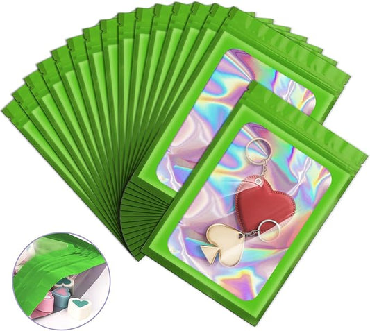 100 Pack Holographic Bags,Smell Proof Packaging Bags, Clear Window Resealable Odor Foil Pouch Mylar Bags for Food Storage and Lipgloss, Jewelry Lash(Green, 2.4 x 3.9 Inch)-BrightBean Baby