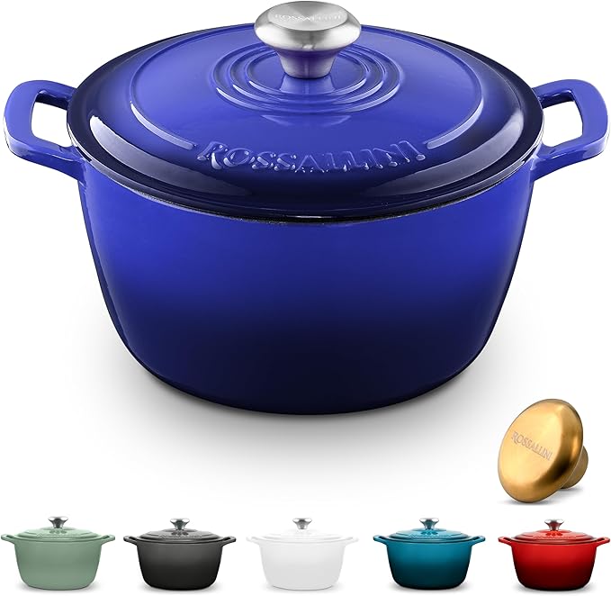 Signature Enameled Cast Iron Dutch Oven, Non-Stick Serving Pot with Tight Fitting Lid for Perfect Roasting, Baking, Sauteing, and Bread Making | 7.4Q (7L) - Indigo Blue