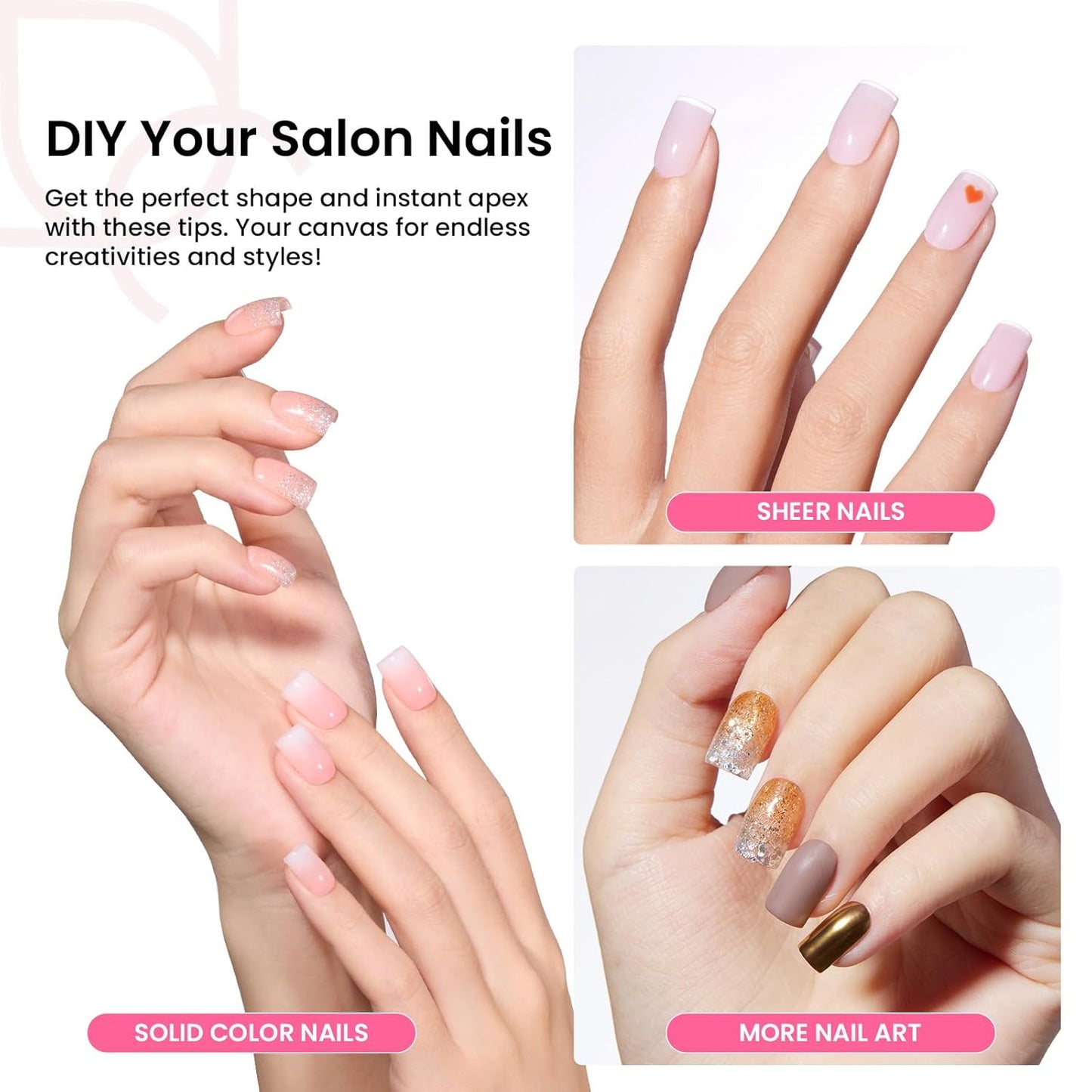 Beetles Tipex Gel Nail Kit Extra Short Square: 16 Sizes Instant Apex Nail Tips, 224 Pcs Pre-Building False Nail Tips with Tipex Nail Glue, Mini Nail Lamp-Thick Acrylic Nail Set-BrightBean Baby