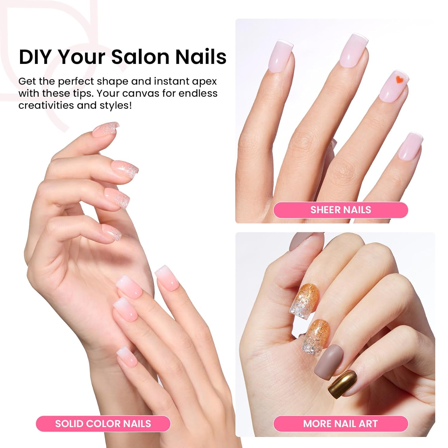 Beetles Tipex Gel Nail Kit Extra Short Square: 16 Sizes Instant Apex Nail Tips, 224 Pcs Pre-Building False Nail Tips with Tipex Nail Glue, Mini Nail Lamp-Thick Acrylic Nail Set-BrightBean Baby