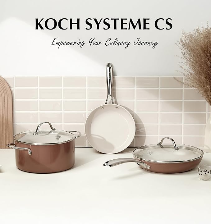 KOCH SYSTEME CS 10 Inch Nonstick Frying Pan with Lid - Ceramic Non Toxic Brown