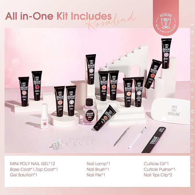 ROSALIND 12PCS Pink Brown Poly Nail Gel Kit with Mini Nail Lamp White Glitter Pink Poly Extension Gel Set-BrightBean Baby