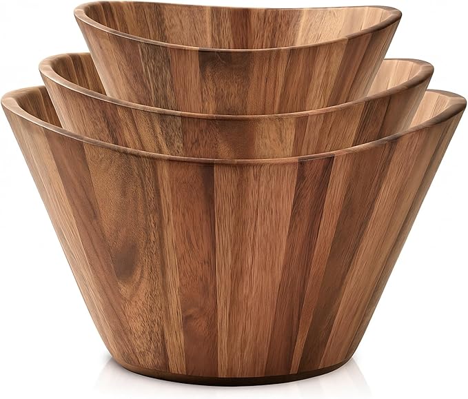 Wooden Salad Bowl Set, Salad Bowls Set of 3 - Wavy Design Salad Bowl Set for Serving, Handmade, Durable and Stylish Natural Wood Dining Accessory by Woodenhouse
