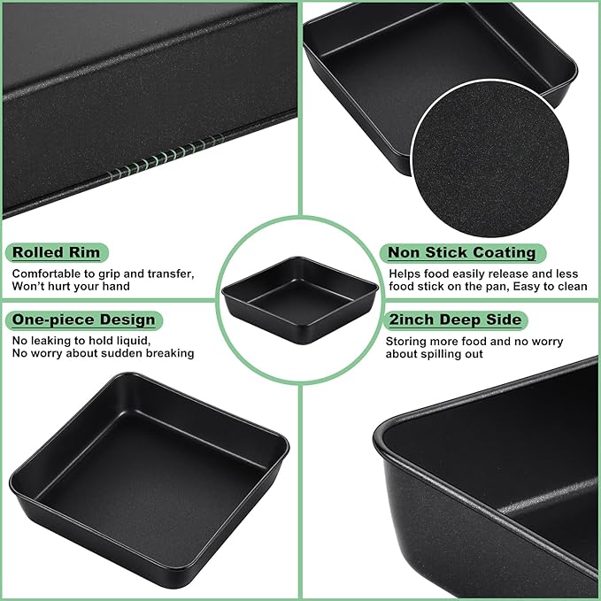 TeamFar 8 Inch Cake Pan, Square Brownie Baking Pan with Stainless Steel Core & Non Stick Coating, for Baking Roasting Storing Food, Healthy, Oven Safe & Anti-melt, Easy to Release & Clean – Set of 2