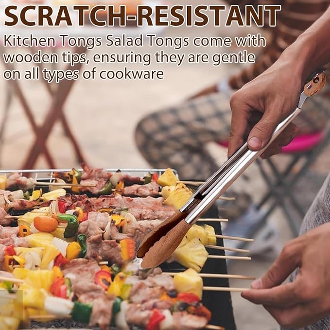 Wooden Tongs for Cooking & Serving Food, Stainless Steel Salad Tongs with Walnut Wood Tip, Anti-Slip Long Handle Wooden Kitchen Tongs Heat Resistant, Smooth Locking & Hanging Cooking Utensils Set of 2