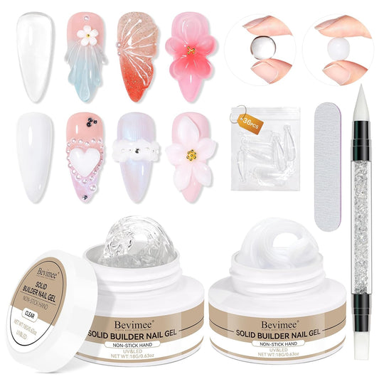 Solid Builder Gel for Nails 2PCS, Sculpting Gel 3D Nail Art Non-Stick Hand, Clear & White, Hard Gels For Nails Modeling, Sculpture, Nail Extension UV/Led Manicure DIY At Home 18g-BrightBean Baby