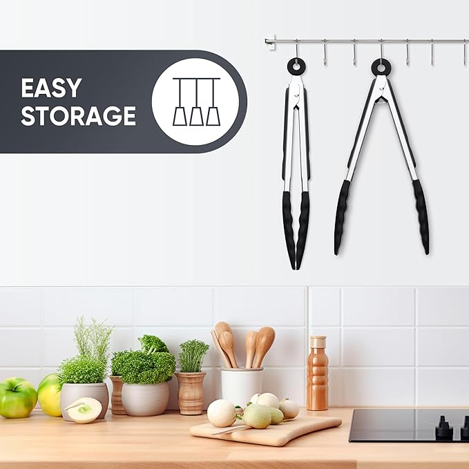 9 Inch Kitchen Tongs, Cooking Tongs with Silicone Tips and Stainless Steel Handle, Non Stick Heat Resistant Tongs for Cooking, Buffet, Salad Serving (9", Black)