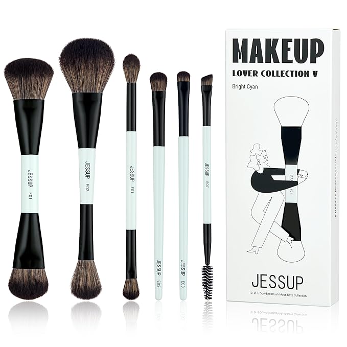Jessup Makeup Brush Set 6pcs Double Sided Makeup Brushes Foundation Contour Blush Highlight Blending Eyebrow Brush Eyeshadow Brush, Vegan Fiber Make up Brush Bright Cyan T501-BrightBean Baby