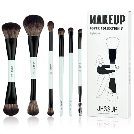 Jessup Makeup Brush Set 6pcs Double Sided Makeup Brushes Foundation Contour Blush Highlight Blending Eyebrow Brush Eyeshadow Brush, Vegan Fiber Make up Brush Bright Cyan T501-BrightBean Baby