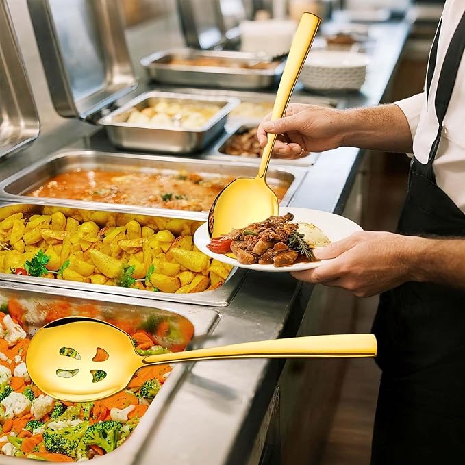 Extra Large Serving Spoons Set 11.7-Inch Gold Serving Slotted Spoon x 3 Serving Spoon x 3, 18/8 Stainless Steel Big Serving Utensil for Buffet, Parties, Catering - Dishwasher Safe(6-Pack, Gold)