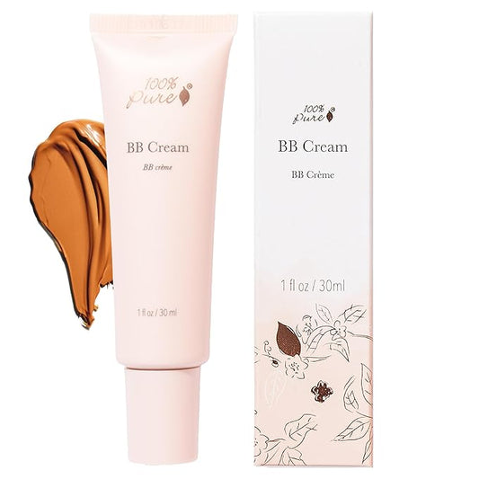 100% PURE BB Cream Shade 30 Radiance Full Face Coverage Skin Care & Glow - All-In-One Primer Concealer & Foundation Makeup - Shimmery, Dewy Youth Tan Color w/Warm Golden Undertone - Vegan - 1 Fl Oz-BrightBean Baby
