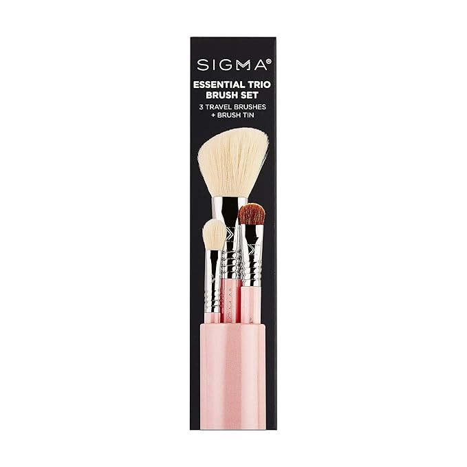 Sigma Beauty Travel Essential Trio - Makeup Brush Set for Foundation Powder Eyeshadow - 3 Tool Brushes with Brush Tin Holder - - Skin Safe, Vegan Makeup Brushes for Travel - Light Pink-BrightBean Baby