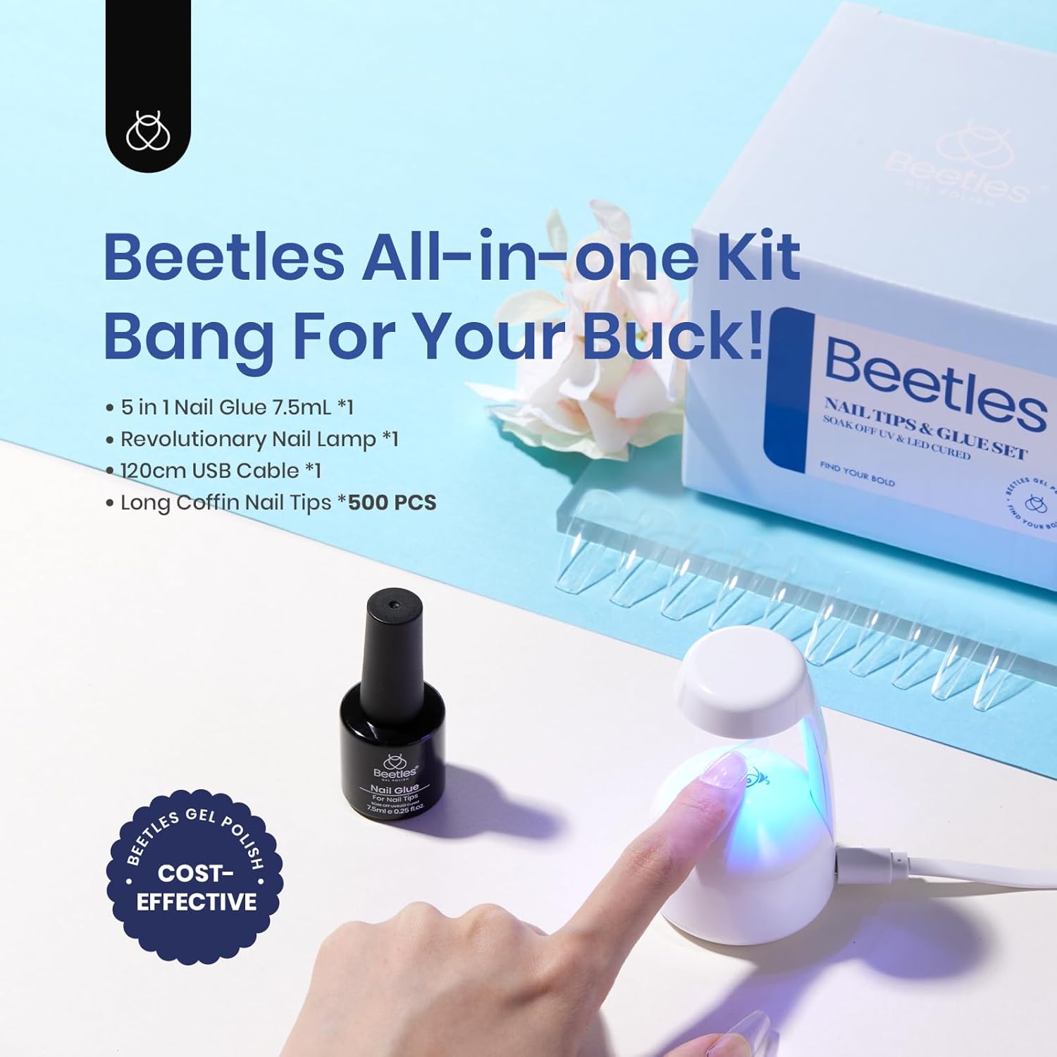 Beetles Gel Nail Kit Easy Nail Extension Set with 500Pcs Nail Tips Coffin Shape 5 In 1 Nail Glue Base Gel and Innovative Led Lamp Easy Diy Nails Art Home Gelly Tips-BrightBean Baby