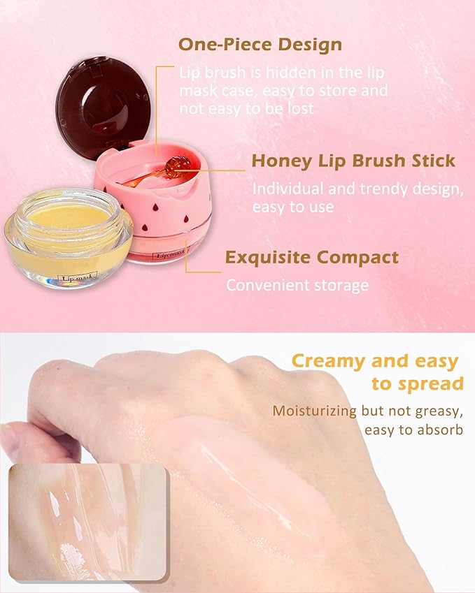 2Pcs Watermelon Lip Balm Honey Pot Lip Mask & Lip Glowy Oil Lip Care Set, Propolis Moisturizing & Nourish Hydrating Lip Gloss Repair, Reduce Lip Line & Plump Dry Cracked Lip Scrub Exfoliator -Set C-BrightBean Baby