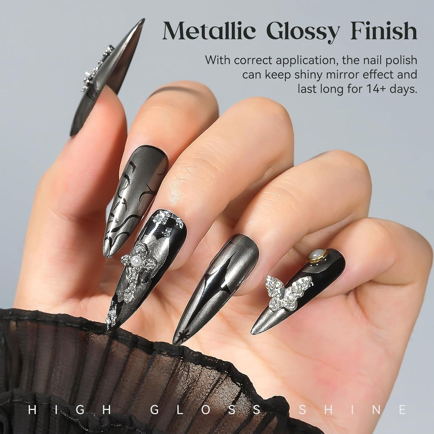 MIZHSE Dark Grey Mirror Nail Polish, Quick Dry Metallic Nail Polish, Air Dry Fast Chrome Nail Lacquer Black Oil-based Nail Art Manicure DIY Home-BrightBean Baby