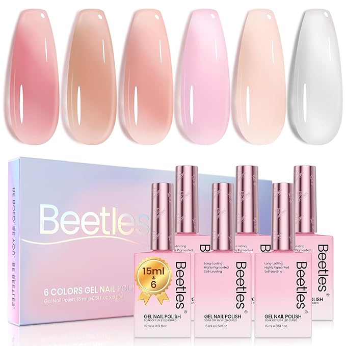 Beetles Jelly Gel Nail Polish, 6 Colors 15ML Milky White Sheer Pink Nude Brown Translucent Sheer Nail Polish Soak Off UV Colorful Bottle Gel Nail Art Home Salon DIY Gift for Women-BrightBean Baby