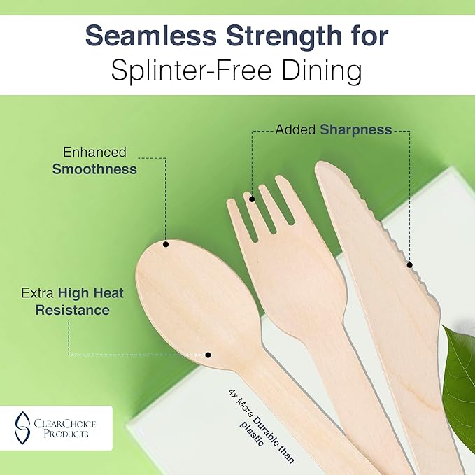Compostable Cutlery Set - 300 PCS Wooden Utensils [120 Forks, 90 Spoons, 90 Knives] - Eco-Friendly Wooden Disposable Utensils - Compostable Forks and Spoons - Disposable Cutlery Set Party Utensils