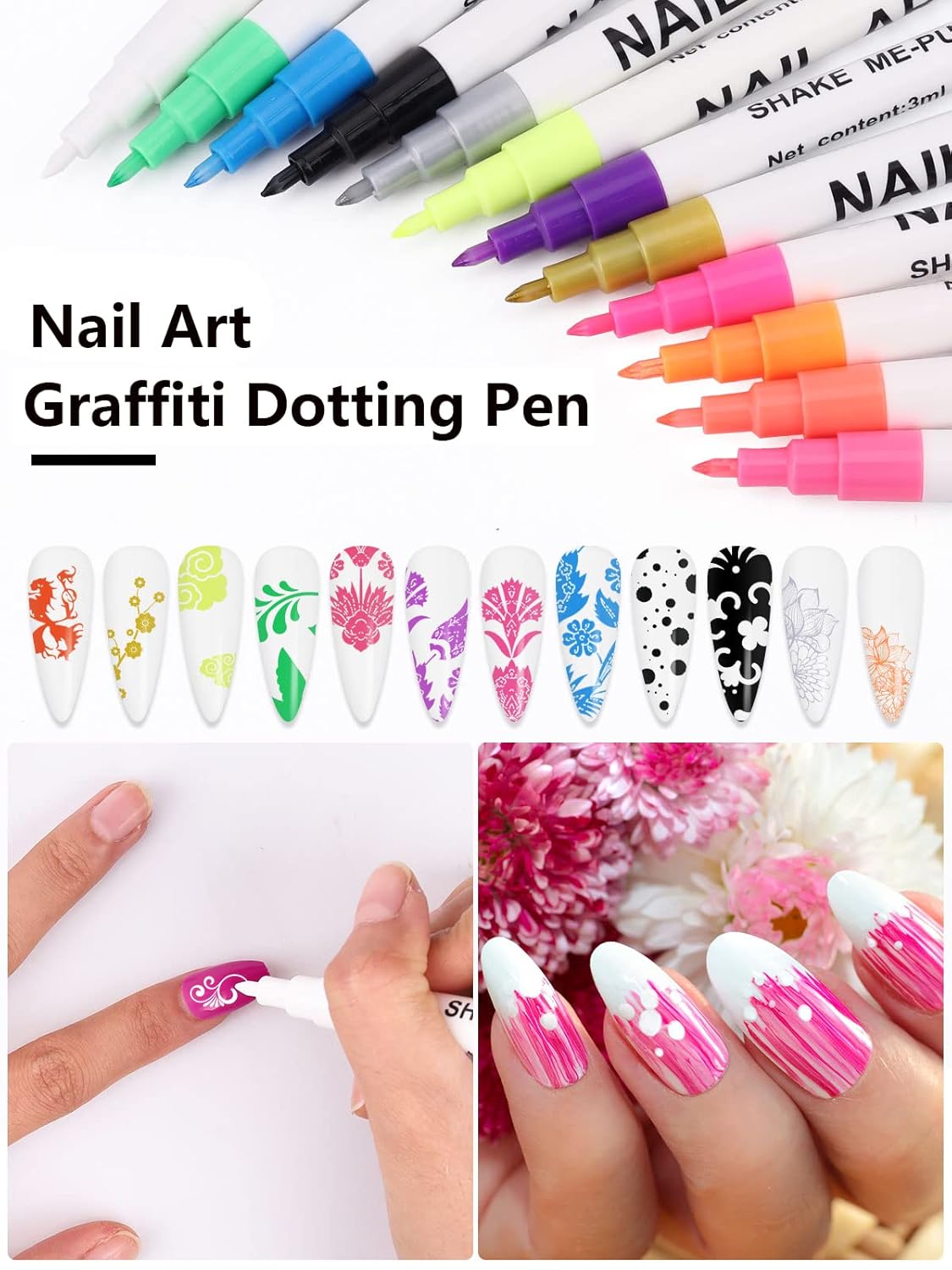 12 Color 3D Nail Art Pens Set, Kalolary Nail Point Graffiti Dotting Pen Drawing Painting Liner Brush for DIY Nail Art Beauty Adorn Manicure Tools-BrightBean Baby