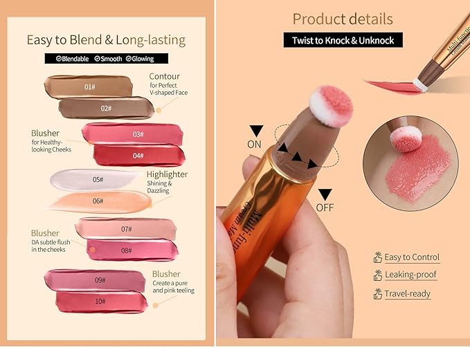 Go Ho Liquid Blush Beauty Wand,Blendable Super Silky Cream Blush Stick,Face Moisturizing Contour Blush Stick with Fine Cushion Applicator,Cruelty-free,003# Medium Pink-BrightBean Baby