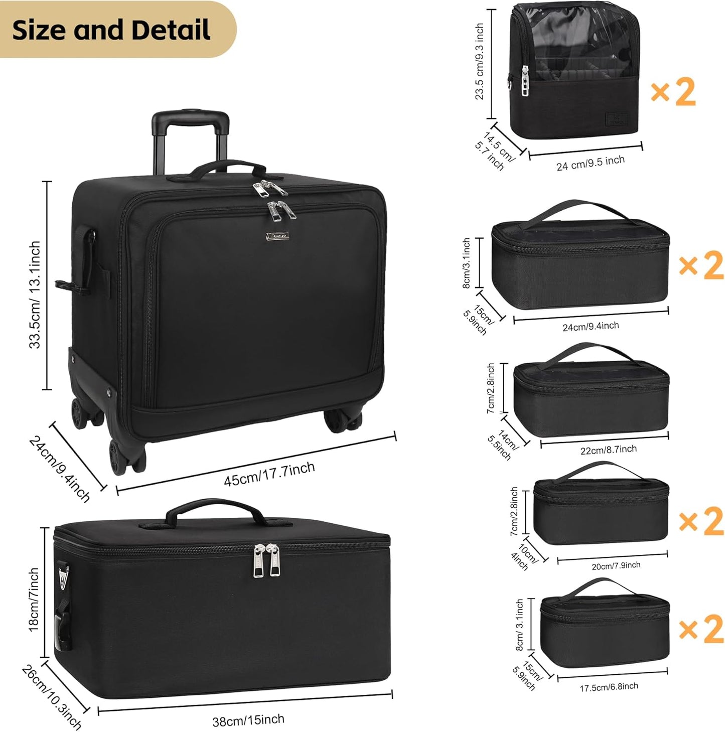 Rolling Makeup Bag Professional Makeup Artist Bags 4 in 1 Rolling Cosmetics Case Organizer Extra Large Trolley Travel Case with 360° Swivel Wheels and Adjustable Dividers-BrightBean Baby