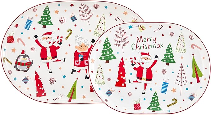 Bico Christmas Merry Crew Ceramic 16 inch plus 12 inch Ceramic Oval Platter, Set of 2, for Serving Turkey, Steak, Salad, Microwave & Dishwasher Safe