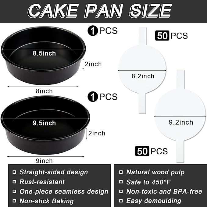 Round Cake Pans Set of 2, Non-stick Baking Cake Pan with 100 Pieces Parchment Paper, Dishwasher Safe Cake Baking Pans (8+9 Inch)