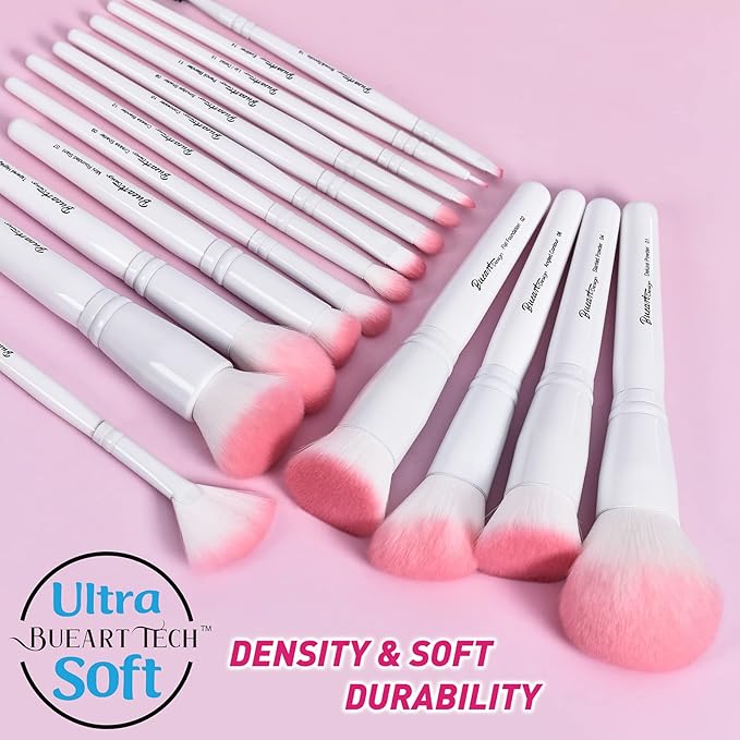 Bueart Design 16Pcs ULTRA SOFT labeled Makeup Brushes set with brush Holder face brush for Foundation Powder Blending Blush wooden Handle(16Pcs White+Pink Holder)-BrightBean Baby