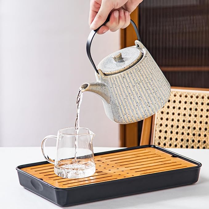 Yundu Grey with Blue Ceramic Teapots, 1000ml/33.8oz Tea Kettle, Enough for 4 Cups, Tea pot with infusers for loose tea, Striped Tea Pot with Removable Tea infuser