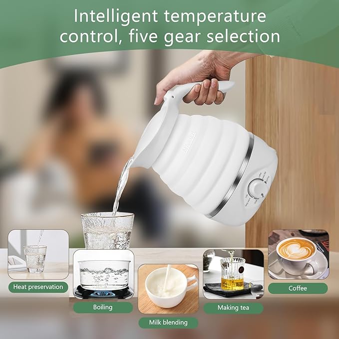 Travel Foldable Electric Kettle, Collapsible Kettle Travel Electric Collapsible Electric Tea Kettle Food Grade Silicone 850W Fast Boiling Water, 110V 700ml (White)
