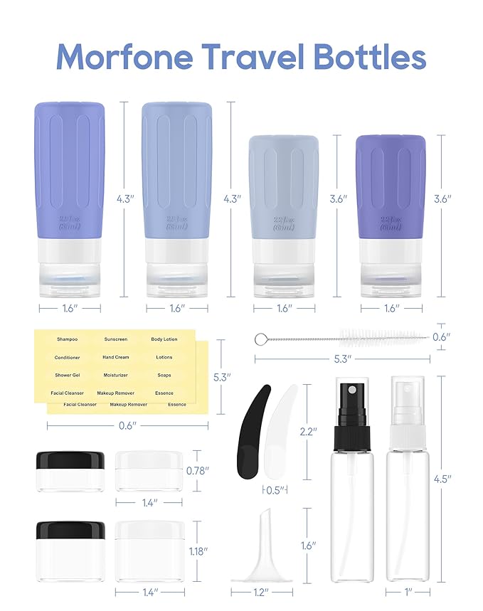 Morfone 16 Pack Silicone Travel Bottles Set for Toiletries TSA Approved Travel Containers Leakproof Squeezable Refillable Accessories 2oz 3oz for Shampoo Conditioner Lotion Liquids(Blue)-BrightBean Baby